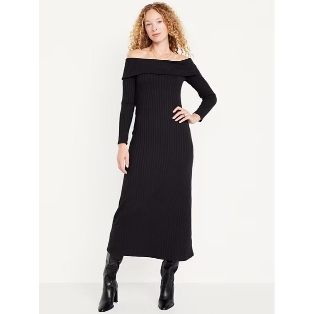 OLD NAVY by Gap Off-The-Shoulder Rib Knit Maxi Dress Stretch‎ Long Black Medium